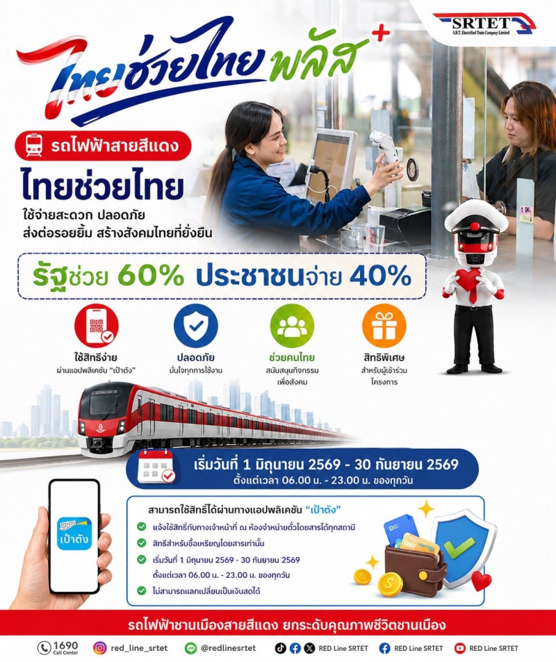 สายสีแดง” เข้าร่วมโครงการ ไทยช่วยไทย พลัส 60/40 เริ่มวันที่ 1 มิถุนายน – 30 กันยายน 2569