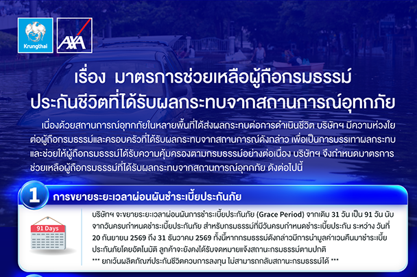 กรุงไทย – แอกซ่า ประกันชีวิต เคียงข้างลูกค้าคนสำคัญ ออกมาตรการช่วยเหลือพิเศษ สำหรับลูกค้าที่ได้รับผลกระทบจากสถานการณ์อุทกภัย